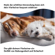 Ein flauschiger weißer Hund entspannt sich auf einer weichen Couch, mit deutschem Text, der darauf hinweist, dass die erhöhten Ränder Komfort und Sicherheit für Haustiere bieten.