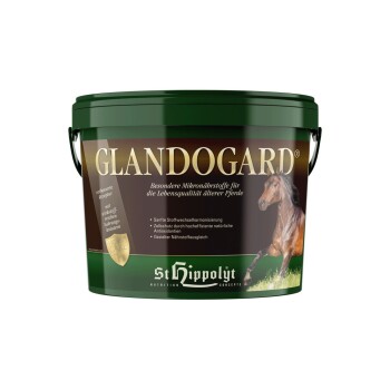 Glandogard Pferdeergänzung von St. Hippolyt in einem Behälter mit einem braunen Etikett, das ein Pferdebild und deutschen Text für ältere Pferde zeigt.