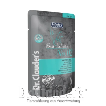 Die Verpackung des Katzenfutters Dr. Clauder's Best Selection No. 02, mit "Kalb mit Apfel" in mehreren Sprachen, hergestellt in Deutschland.