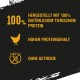 Bild, das Haustierfutter bewirbt: "100% natürliches tierisches Protein, hoher Proteingehalt, getreidefrei" mit einem Hühnersymbol.