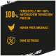 Bild, das Haustierfutter bewirbt: "100% natürliches tierisches Protein, hoher Proteingehalt, getreidefrei" mit einem Hühnersymbol.