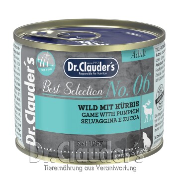 Dosen-Haustierfutter mit der Bezeichnung 'Dr. Clauder's Best Selection No. 06', das 'Wild mit Kürbis' für erwachsene Katzen enthält.