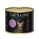 Nourriture en conserve Cat's Love pour chats adultes, avec un chat sur l'étiquette, avec du texte indiquant 92% de poisson et de poulet, recette sans céréales, fabriquée en Autriche.