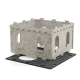 Graues Filzhaustier-Schloss mit ausgeschnittenen Fenstern und einem schwarzen Boden, entworfen für kleine Haustiere zum Spielen und Verstecken.