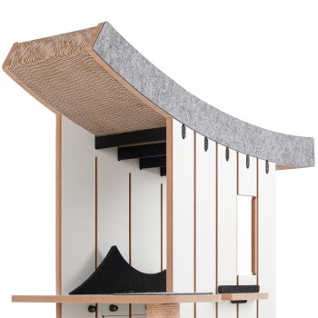 Moderner Kratzbaum für Katzen mit einer geschwungenen Oberseite, Kratzfläche und mehreren Ebenen, mit einem gemütlichen Versteck und elegantem Design.