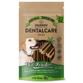 Natürliche Superfood Dentalcare-Sticks von Sparrow, mit einer Packung im grünen und braunen Design, die "10% Kräuter" und "mit Hanf" hervorhebt.