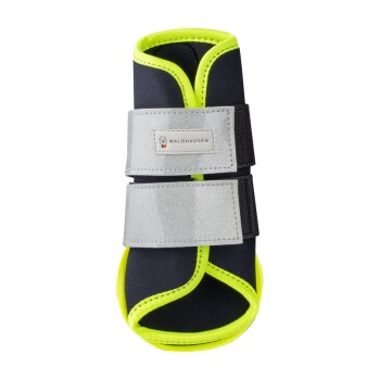 Schwarzer und neongelber Hundeschuh mit verstellbaren Riemen, der ein Waldhausen-Logo auf einem silbernen Patch zeigt.