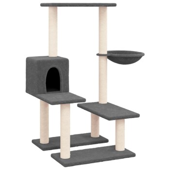Grauer Katzenbaum mit mehreren Ebenen, einem gemütlichen Versteck und einer hängenden Schüssel, entworfen für das Spielen und Entspannen von Katzen.