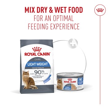 Royal Canin Light Weight cat dry bag and wet can; header reads 'MIX DRY & WET FOOD' and packaging shows '90%'.