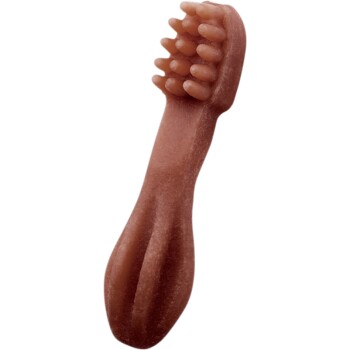 Brown rubber dog toothbrush-shaped chew toy with textured bristles and ergonomic handle.