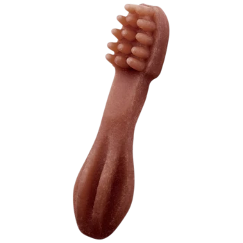 Brown rubber dog toothbrush-shaped chew toy with textured bristles and ergonomic handle.