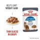 Royal Canin Light Weight cat food pouch with gravy slices, promoting weight gain prevention and 90% success in weight management.