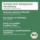 Grüner Hintergrund mit Text zu den Vorteilen der biologischen Landwirtschaft: Ressourcenschonung, keine Pestizide, Insektenschutz, Nachhaltigkeit und "BIO"-Logo.