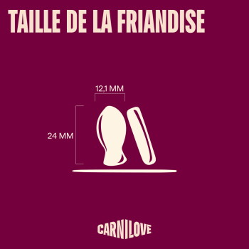 Image bordeaux : en-tête « TAILLE DE LA FRIANDISE » avec icônes de friandises couleur crème étiquetées « 12,1 MM » et « 24 MM » et logo « CARNILOVE ».