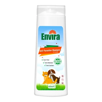 Envira Anti-Parasiten Shampoo für Haustiere, 400ml, umweltfreundlich, mit Katzen- und Hundillustration, vertreibt Flöhe, Mücken und Zecken.