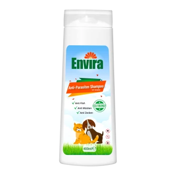 Envira Anti-Parasiten Shampoo für Haustiere, 400ml, umweltfreundlich, mit Katzen- und Hundillustration, vertreibt Flöhe, Mücken und Zecken.