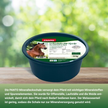PANTO Mineralleckstein für Pferde in einem dunkelblauen Behälter, 10 kg, mit einem Etikett, das ein braunes Pferd zeigt und deutschen Text über Mineralergänzungen enthält.