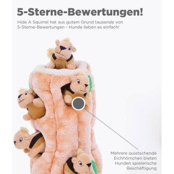 Plüschspielzeug "Hide A Squirrel" für Hunde mit quietschenden Eichhörnchen, die aus einem weichen Baumstamm hervorlugen, zeigt 5-Sterne-Bewertungen.