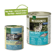 Zwei Dosen Hundefutter "Wilderness", eine größere mit einem Wolfbild, die 95% frischen Wasseranteil und eine verbesserte Formel hervorhebt.