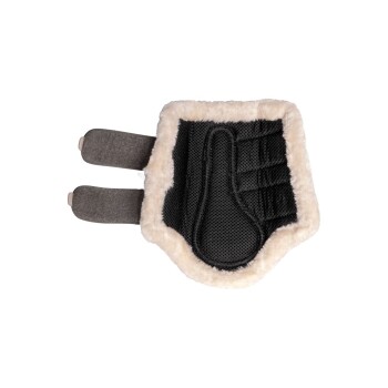 Schwarzes Haustiergeschirr mit einer weichen, flauschigen weißen Fütterung und verstellbaren Riemen, entworfen für Komfort und Unterstützung.