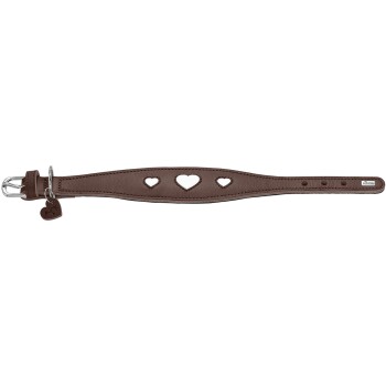 Braunes Lederhalsband für Hunde mit drei Herzstanzungen, silberner Schnalle und Herzanhänger, Metallplakette mit der Aufschrift „HUNTER“.