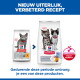 Twee Hill's Sterilised Kitten-voerzakken met kittens en ActivBiome+-logo; Nederlandse tekst 'Nieuw uiterlijk, verbeterd recept'.