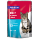 Katze-Futterbeutel mit einer getigerten Katze, beschriftet mit "FIT+FUN JELLY mit Seelachs & Makrele," mit Übersetzungen in Französisch und Italienisch, 100g.