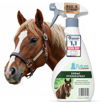 Weiße 500ml Futum Pferdespray-Flasche mit Insektenschutz-Etikett und deutschem Flaggenanhänger mit der Aufschrift „Insektenschutz für Pferde“.