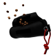 Eine schwarze Leckerlitasche für Haustiere mit einem roten Kordelzug, die kleine braune Kibble-Stücke vor einem weißen Hintergrund ausspuckt.
