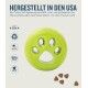 Grünes Orbee-Tuff-Hundespielzeug in Form eines Pfotenabdrucks, gekennzeichnet mit "Hergestellt in den USA", mit Text über BPA-frei und minzduftend.