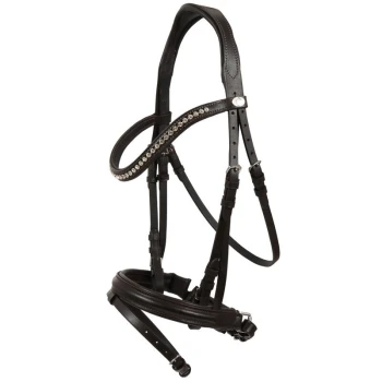 Schwarzes Leder-Haustiergeschirr mit einem dekorativen Strassstreifen, mit verstellbaren Riemen und Schnallen für einen sicheren Sitz.