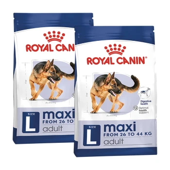 Zwei Säcke Royal Canin Maxi Adult Hundefutter, mit einem Deutschen Schäferhund auf der Vorderseite, beschriftet mit 'Größe L' für Hunde mit einem Gewicht von 26 bis 44 kg.