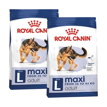 Zwei Säcke Royal Canin Maxi Adult Hundefutter, mit einem Deutschen Schäferhund auf der Vorderseite, beschriftet mit 'Größe L' für Hunde mit einem Gewicht von 26 bis 44 kg.