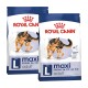 Dwie torby karmy dla psów Royal Canin Maxi Adult, z owczarkiem niemieckim na przodzie, oznaczone 'Rozmiar L' dla psów ważących od 26 do 44 kg.