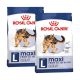 Zwei Säcke Royal Canin Maxi Adult Hundefutter, mit einem Deutschen Schäferhund auf der Vorderseite, beschriftet mit 'Größe L' für Hunde mit einem Gewicht von 26 bis 44 kg.