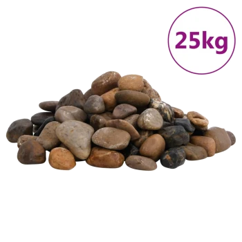 Ein Haufen verschiedener dekorativer Steine in verschiedenen Brauntönen und Grautönen, gekennzeichnet mit einem lila Kreis, der "25 kg" anzeigt.