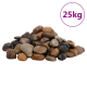 Ein Haufen verschiedener dekorativer Steine in verschiedenen Brauntönen und Grautönen, gekennzeichnet mit einem lila Kreis, der "25 kg" anzeigt.