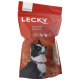 Sac rouge de nourriture pour chien LECKY avec un chien noir et blanc aux yeux bleus, étiqueté "Lamm und Reis" (Agneau et Riz) en plusieurs langues.