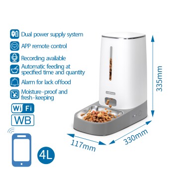 Automatischer Haustierfutterspender mit einem Fassungsvermögen von 4L, Merkmale umfassen Wi-Fi, APP-Steuerung, feuchtigkeitsgeschütztes Design und Fütterungszeitpläne.