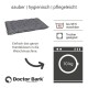 Graues, getuftetes Hundebett mit Waschhinweisen, waschbar bis 95°C, trocknergeeignet, für 10 kg Beladung, Doctor Bark-Logo.