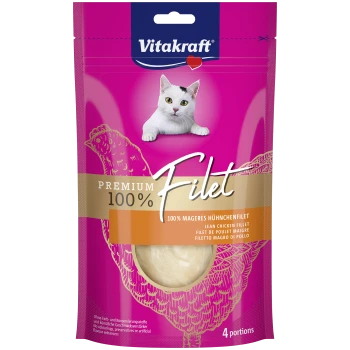 Vitakraft rosa Beutel mit Bild einer weißen Katze, beschriftet mit 'Premium 100% Filet' und 'Mageres Hähnchenfilet', 4 Portionen.
