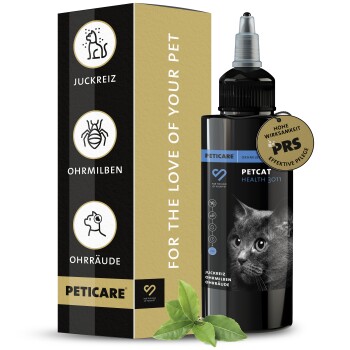 Schwarze Flasche von Petcare Petcat Health 3011 mit dem Gesicht einer Katze auf dem Etikett, mit einem goldenen Effektivitätsabzeichen und grünen Blättern.