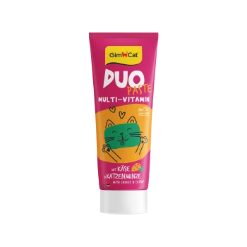 GimCat Duo Paste Multivitamin-Katzentube, rosa/orange, Cartoon-grüne Katze; sichtbarer Text 'DUO PASTE' und 'Käse & Katzenminze'.