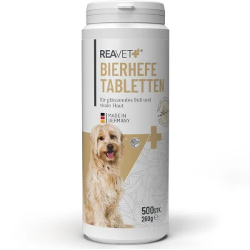 Behälter mit REAVET Bierhefe-Tabletten für Hunde, die glänzendes Fell und gesunde Haut fördern. Hergestellt in Deutschland, 500 Tabletten, 260g.