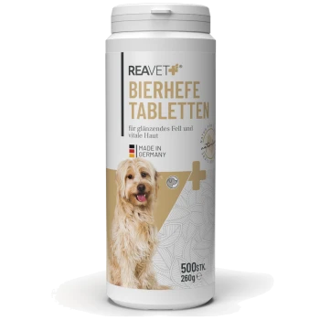 Behälter mit REAVET Bierhefe-Tabletten für Hunde, die glänzendes Fell und gesunde Haut fördern. Hergestellt in Deutschland, 500 Tabletten, 260g.