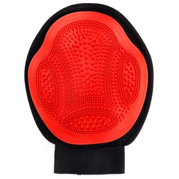 Rote Haustierpflegehandschuh mit strukturierter Oberfläche für effektives Bürsten, ausgestattet mit einem schwarzen elastischen Handgelenkband für einen sicheren Sitz.