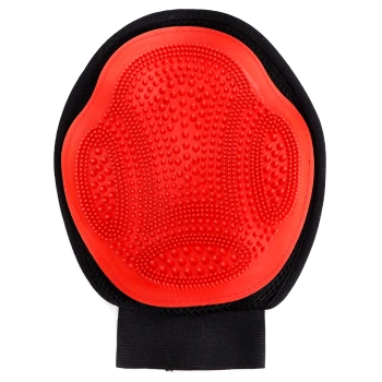 Rote Haustierpflegehandschuh mit strukturierter Oberfläche für effektives Bürsten, ausgestattet mit einem schwarzen elastischen Handgelenkband für einen sicheren Sitz.