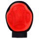 Rote Haustierpflegehandschuh mit strukturierter Oberfläche für effektives Bürsten, ausgestattet mit einem schwarzen elastischen Handgelenkband für einen sicheren Sitz.