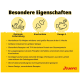 Gelbe Infografik zu Tierfutter: „Besondere Eigenschaften“ — Symbole: Optimale Entwicklung, Knochenbau, Omega‑3; Josera‑Logo.