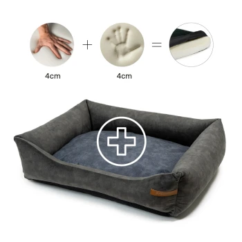 Ein plüschiges graues Haustierbett mit einem dunkelblauen Kissen, das ein Pluszeichen-Grafik und Symbole zeigt, die einen Handabdruck und eine Hand darstellen, was Komfort anzeigt.